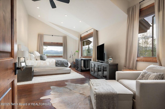 3375 W Killdeer Rd, Jackson, WY 83001 - bedroom featuring multiple windows, wood finished floors, high vaulted ceiling, recessed lighting, and a ceiling fan