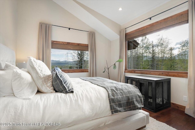 3375 W Killdeer Rd, Jackson, WY 83001 - bedroom featuring wood finished floors, lofted ceiling, and recessed lighting