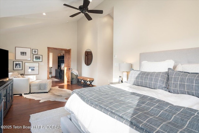 3375 W Killdeer Rd, Jackson, WY 83001 - bedroom with dark wood-style floors, high vaulted ceiling, and a ceiling fan