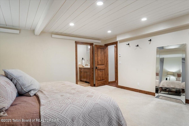 3375 W Killdeer Rd, Jackson, WY 83001 - bedroom featuring light colored carpet, recessed lighting, wooden ceiling with exposed beams, and baseboards