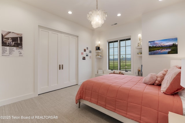 1070 Horseshoe Ln, Driggs, ID 83422 - bedroom featuring recessed lighting, a chandelier, carpet floors, baseboards, and a closet