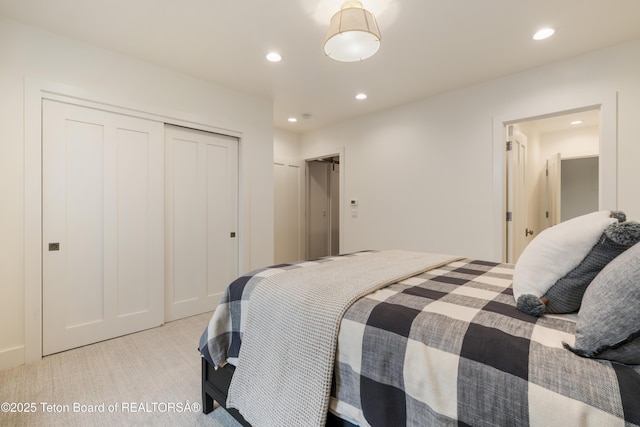 1070 Horseshoe Ln, Driggs, ID 83422 - bedroom featuring recessed lighting, light carpet, and a closet