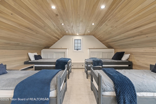 1070 Horseshoe Ln, Driggs, ID 83422 - bedroom with wooden ceiling, recessed lighting, lofted ceiling, wooden walls, and light carpet