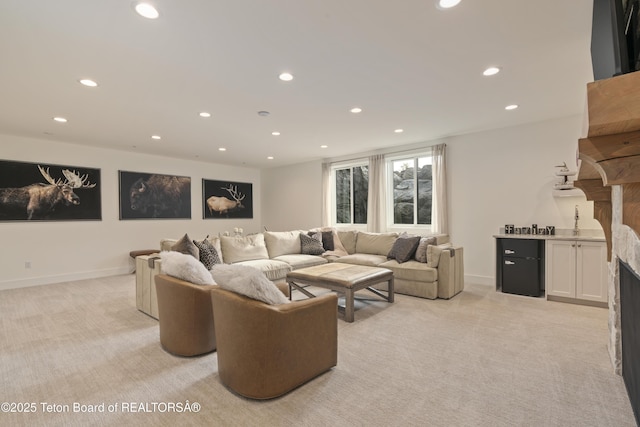 1070 Horseshoe Ln, Driggs, ID 83422 - living area with light carpet, recessed lighting, a premium fireplace, and baseboards