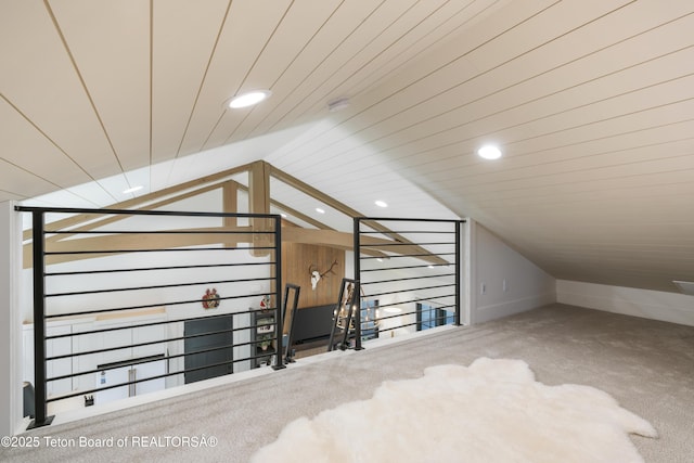 1070 Horseshoe Ln, Driggs, ID 83422 - bonus room featuring carpet, lofted ceiling, recessed lighting, and wood ceiling