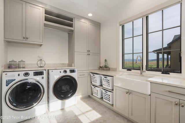 1070 Horseshoe Ln, Driggs, ID 83422 - laundry area with washer and clothes dryer, cabinet space, and recessed lighting