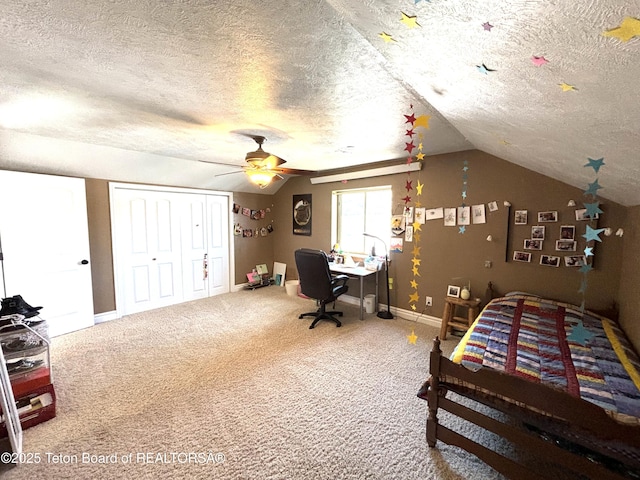 125 Wagon Rut Ln, Auburn, WY 83111 - bedroom with a textured ceiling, lofted ceiling, a desk, carpet floors, and baseboards