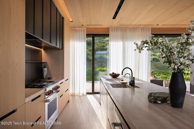 2205 W Pemmican Rd, Jackson, WY 83001 - kitchen featuring stainless steel stove, wooden ceiling, modern cabinets, light wood-style flooring, and light countertops