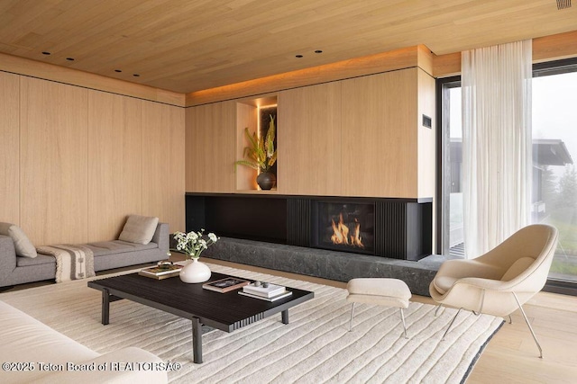 2205 W Pemmican Rd, Jackson, WY 83001 - living area featuring wooden ceiling, a glass covered fireplace, and wood finished floors