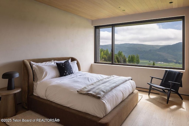2205 W Pemmican Rd, Jackson, WY 83001 - bedroom with wood finished floors, a mountain view, and wooden ceiling