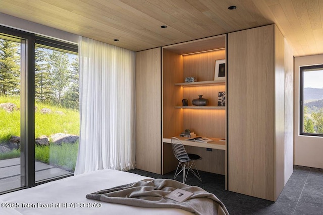 2205 W Pemmican Rd, Jackson, WY 83001 - bedroom with wood ceiling, built in desk, and access to exterior