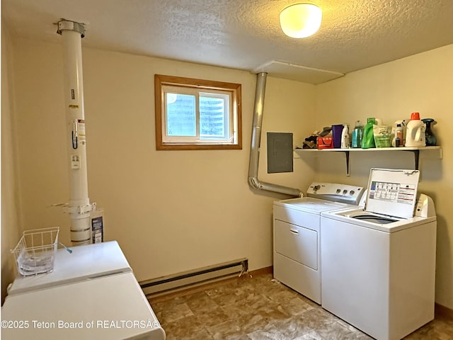 335 E Hansen Ave, Jackson, WY 83001 - laundry room featuring a baseboard heating unit, independent washer and dryer, a textured ceiling, electric panel, and baseboards