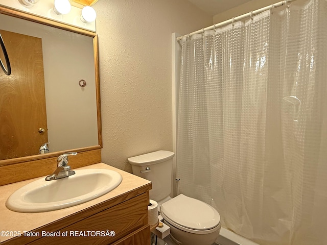 335 E Hansen Ave, Jackson, WY 83001 - full bathroom with vanity, toilet, a textured wall, and curtained shower