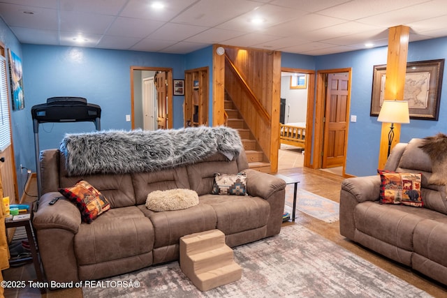 362 Snowmobile Ln, Daniel, WY 83115 - living room featuring stairs, recessed lighting, and a paneled ceiling