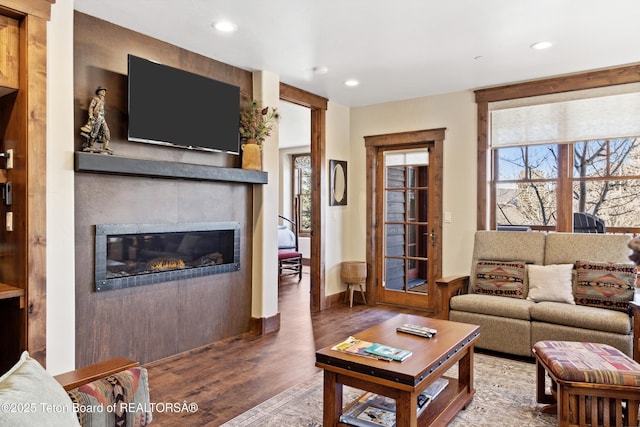 551 Snow King Loop Unit 512, Jackson, WY 83001 - living room with wood finished floors, a glass covered fireplace, recessed lighting, plenty of natural light, and baseboards