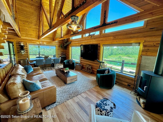 800 Dell Crk, Alpine, WY 83128 - living area featuring rustic walls, a wood stove, high vaulted ceiling, plenty of natural light, and beamed ceiling