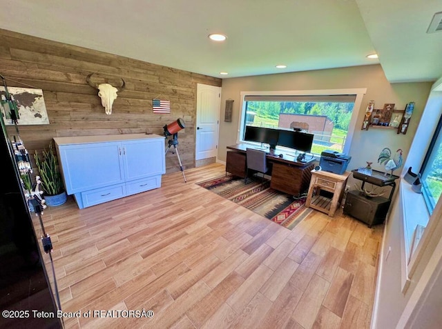 800 Dell Crk, Alpine, WY 83128 - office with wood walls, recessed lighting, and light wood-type flooring