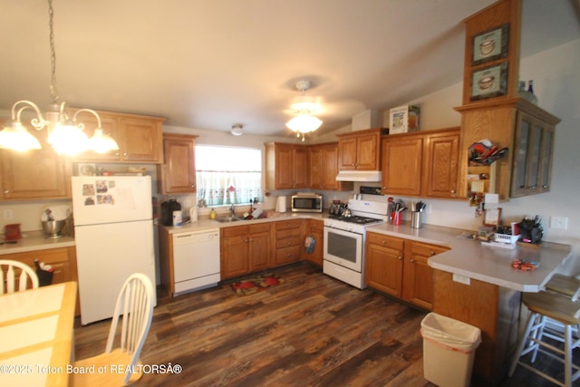 10 Foothill Blvd, Alpine, WY 83128 - kitchen featuring a peninsula, white appliances, under cabinet range hood, dark wood-style flooring, and light countertops