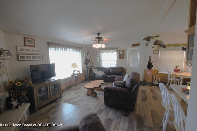 10 Foothill Blvd, Alpine, WY 83128 - living area with vaulted ceiling, wood finished floors, and a ceiling fan