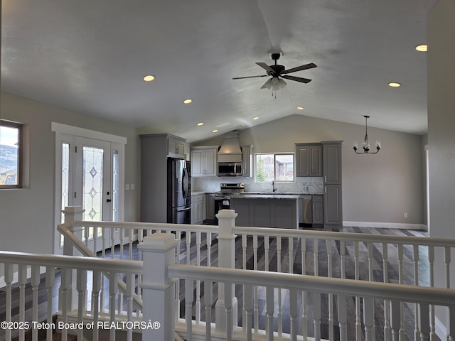 532 Palisade Trl, Driggs, ID 83422 - dining space with recessed lighting, baseboards, ceiling fan with notable chandelier, and vaulted ceiling