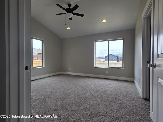 532 Palisade Trl, Driggs, ID 83422 - empty room featuring recessed lighting, carpet, ceiling fan, and vaulted ceiling