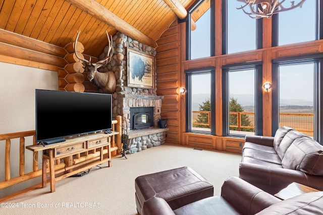 carpeted living room featuring wooden ceiling, log walls, an inviting chandelier, and beam ceiling