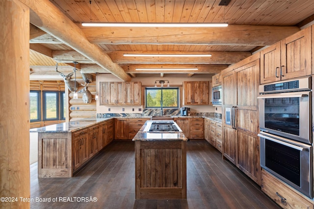 kitchen featuring wooden ceiling, stainless steel appliances, a peninsula, and dark wood-style floors