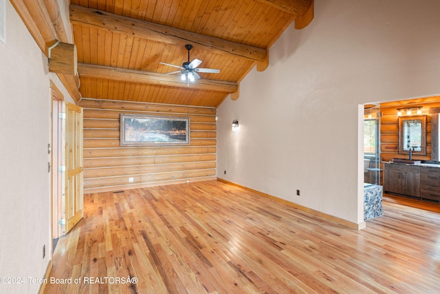 unfurnished living room featuring log walls, ceiling fan, wood ceiling, and hardwood / wood-style flooring