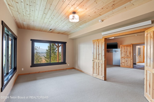 empty room featuring carpet floors, baseboards, and wood ceiling