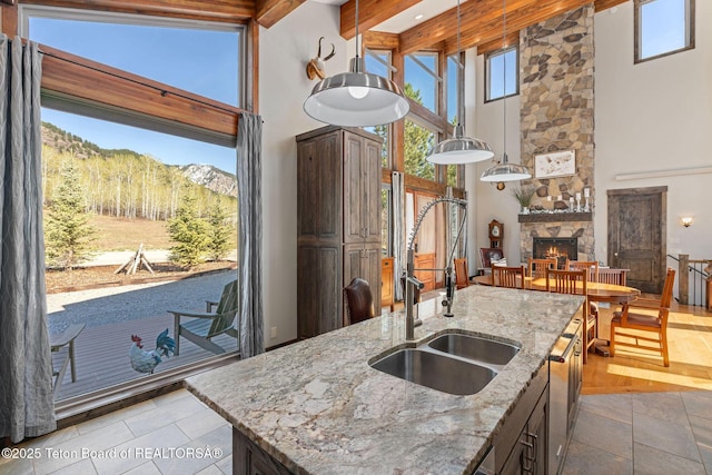 kitchen with a healthy amount of sunlight, a sink, and a towering ceiling