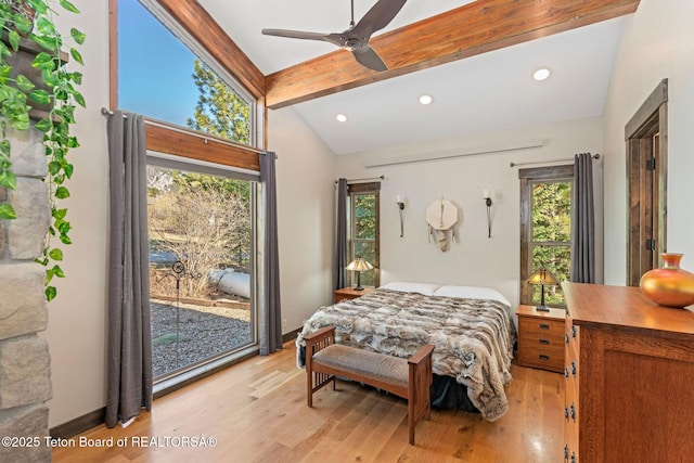 bedroom with a ceiling fan, lofted ceiling with beams, light wood finished floors, and recessed lighting