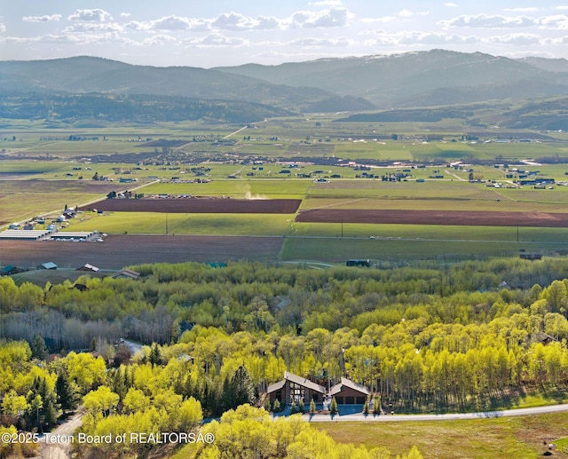 drone / aerial view featuring a mountain view and a rural view
