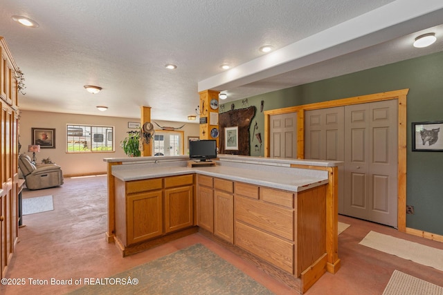 86 Hawks Rest Rd, Etna, WY 83118 - kitchen featuring light colored carpet, a textured ceiling, light countertops, baseboards, and open floor plan