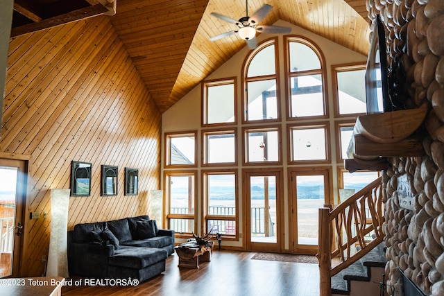 4 Beaver Ridge Rd, Daniel, WY 83115 - living room featuring wooden ceiling, high vaulted ceiling, plenty of natural light, and ceiling fan