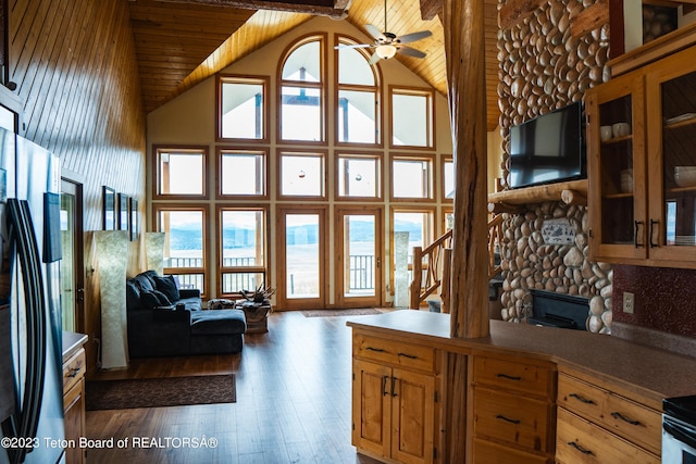 4 Beaver Ridge Rd, Daniel, WY 83115 - interior space with wood ceiling, ceiling fan, dark wood-style floors, and high vaulted ceiling