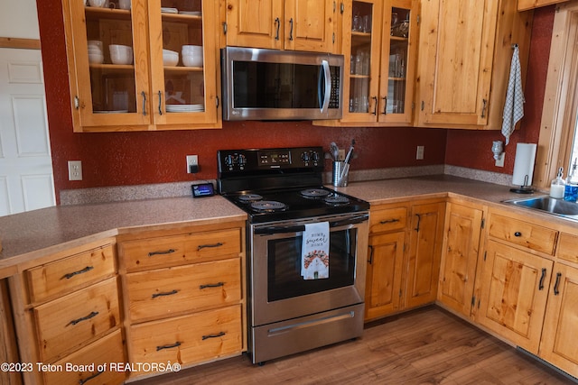 4 Beaver Ridge Rd, Daniel, WY 83115 - kitchen featuring a sink, appliances with stainless steel finishes, glass insert cabinets, and wood finished floors