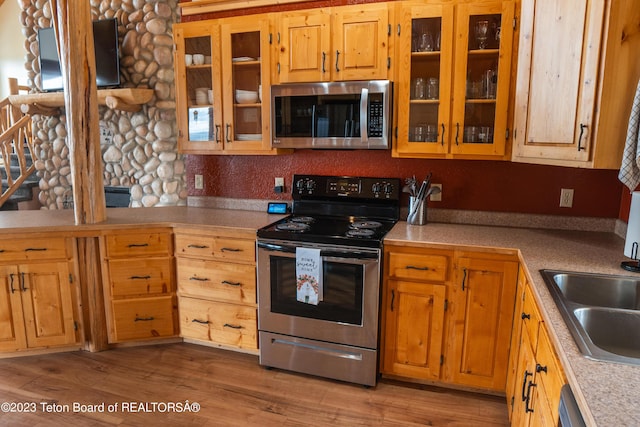 4 Beaver Ridge Rd, Daniel, WY 83115 - kitchen featuring appliances with stainless steel finishes, a sink, light wood finished floors, light countertops, and glass insert cabinets