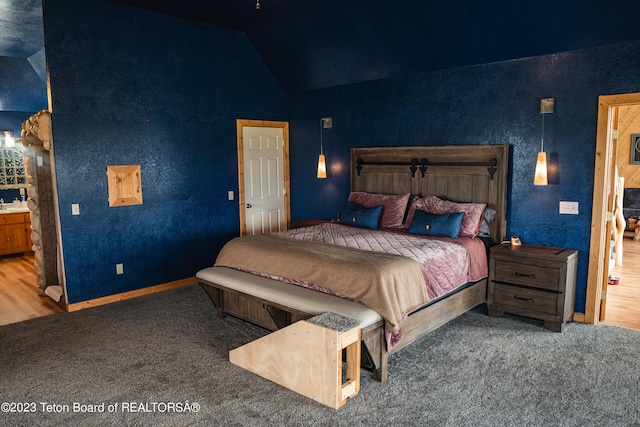4 Beaver Ridge Rd, Daniel, WY 83115 - bedroom with baseboards, carpet flooring, and vaulted ceiling