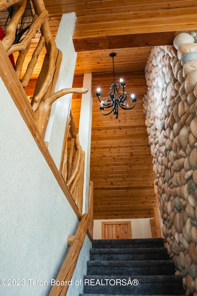 4 Beaver Ridge Rd, Daniel, WY 83115 - staircase featuring wood ceiling, wood walls, and a chandelier