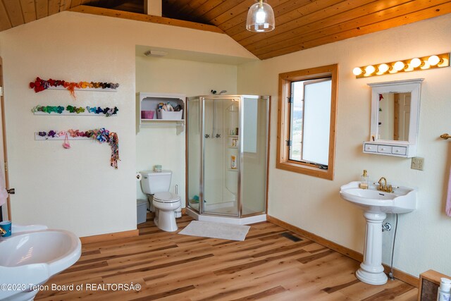 4 Beaver Ridge Rd, Daniel, WY 83115 - full bathroom featuring vaulted ceiling, wooden ceiling, wood finished floors, and a stall shower