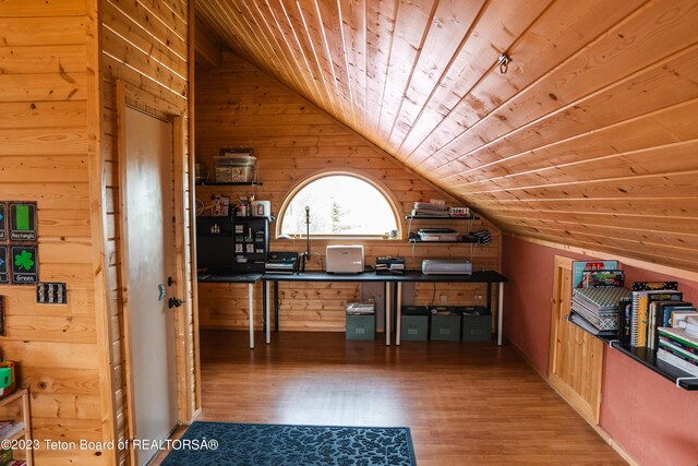 4 Beaver Ridge Rd, Daniel, WY 83115 - office space with wood finished floors, wood walls, wood ceiling, and lofted ceiling