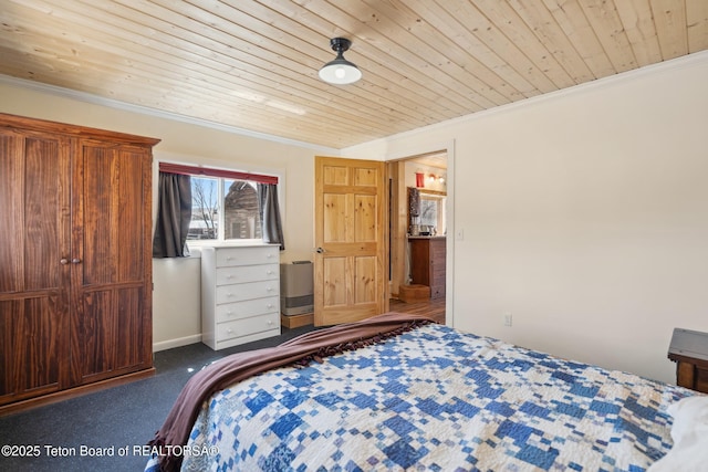 611 W Ramshorn St, Dubois, WY 82513 - bedroom with wooden ceiling, crown molding, and carpet floors