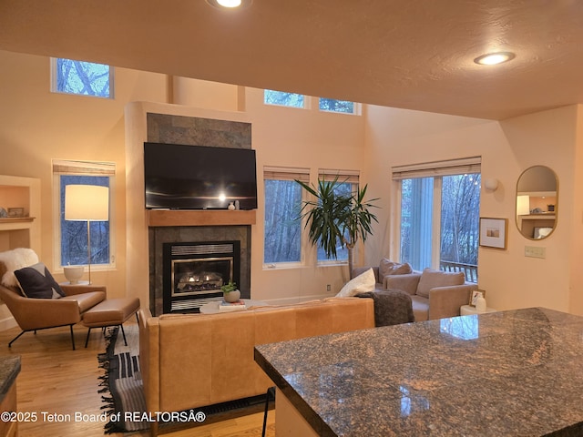 living area with a fireplace, light wood finished floors, and recessed lighting