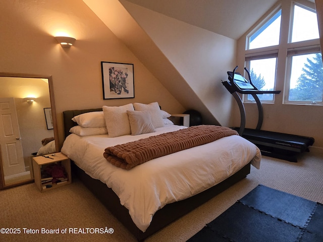 carpeted bedroom with lofted ceiling