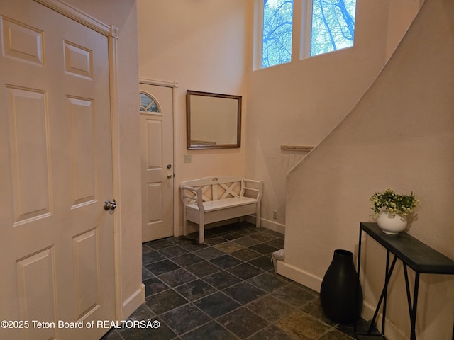 foyer with baseboards and stone finish floor
