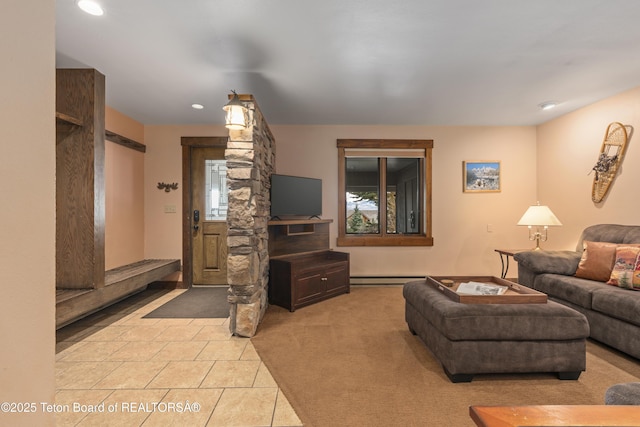 7250 N Rachel Way Unit 6, Teton Village, WY 83025 - living area featuring recessed lighting, light tile patterned floors, and a baseboard radiator