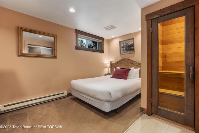 7250 N Rachel Way Unit 6, Teton Village, WY 83025 - bedroom with a baseboard radiator, recessed lighting, light colored carpet, and light tile patterned floors