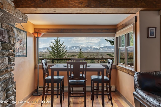 7250 N Rachel Way Unit 6, Teton Village, WY 83025 - dining space with wood finished floors, a mountain view, and baseboards