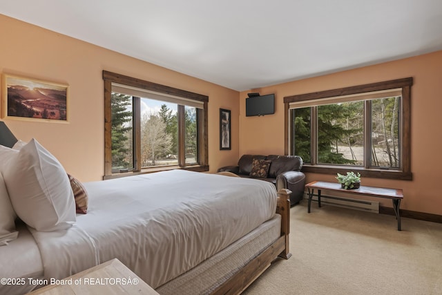 7250 N Rachel Way Unit 6, Teton Village, WY 83025 - bedroom featuring multiple windows, light colored carpet, a baseboard heating unit, and baseboards