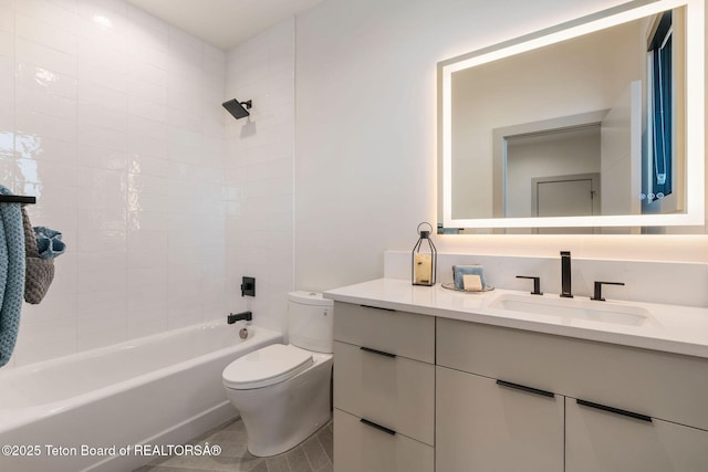 1404 Canyon Sunrise, Driggs, ID 83422 - bathroom with toilet, vanity, tub / shower combination, and tile patterned flooring